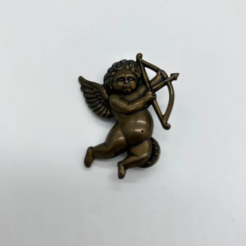 Cherub Pin Brooch Cupid Bow & Arrow Angel Costume Jewelry Romantic Bronze Tone
